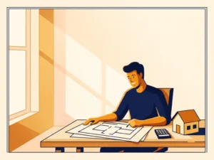 Zelfstandige professional bestudeert architecturale huisblauwdrukken op houten bureau met huismodel en rekenmachine in warm ochtendlicht.