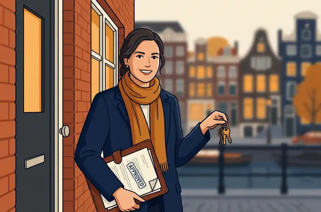 Zelfstandige freelancer met huissleutels op Amsterdamse grachtenpanddrempel, leren portfolio en goedkeurde documenten onder de arm.