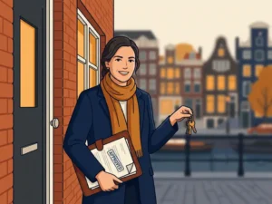 Zelfstandige freelancer met huissleutels op Amsterdamse grachtenpanddrempel, leren portfolio en goedkeurde documenten onder de arm.