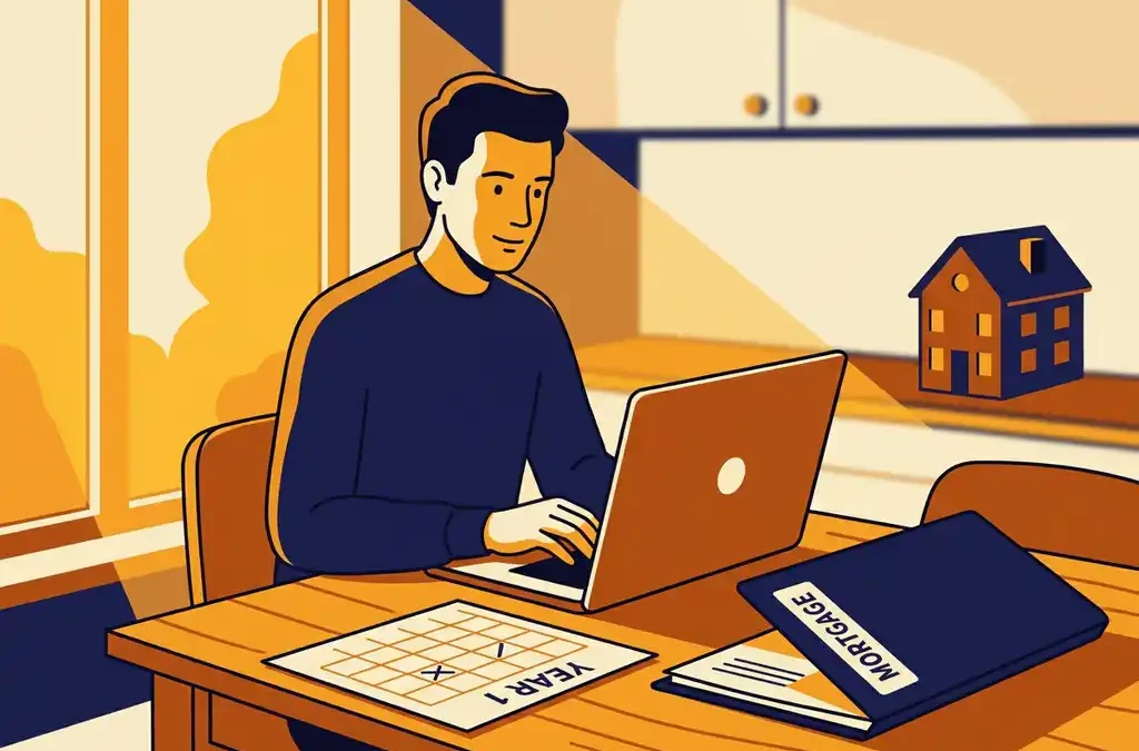 Zelfstandige freelancer aan Amsterdamse keukentafel met hypotheekmappen, kalender en miniatuurhuisje in warm ochtendlicht.