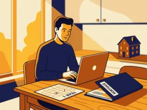 Zelfstandige freelancer aan Amsterdamse keukentafel met hypotheekmappen, kalender en miniatuurhuisje in warm ochtendlicht.
