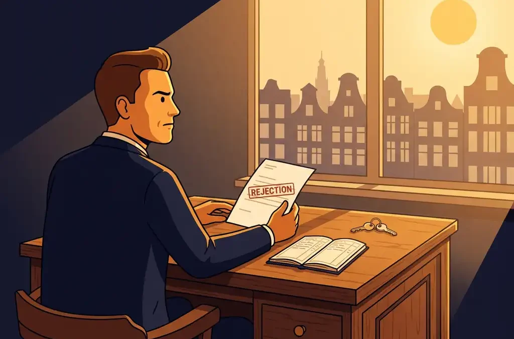 Zelfstandige ondernemer aan houten bureau met afwijzingsbrief, blik gericht op Amsterdamse grachtenpanden, sleutel en kasboek nabij.