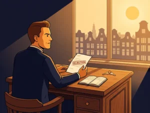 Zelfstandige ondernemer aan houten bureau met afwijzingsbrief, blik gericht op Amsterdamse grachtenpanden, sleutel en kasboek nabij.