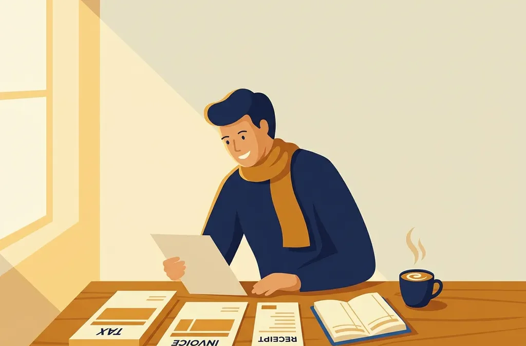 Zelfstandige ondernemer bekijkt belastingdocumenten en boekhoudmap op houten bureau met dampende koffie, warme ochtendsfeer.