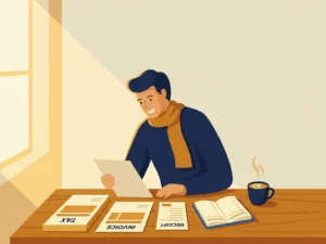 Zelfstandige ondernemer bekijkt belastingdocumenten en boekhoudmap op houten bureau met dampende koffie, warme ochtendsfeer.