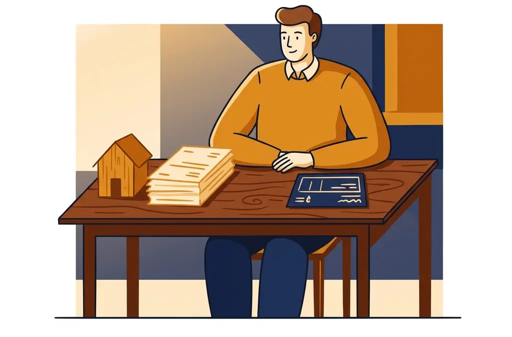 Zelfstandige ondernemer aan houten bureau met financiële documenten, huismodel en loonstrook in amber-marineblauw illustratiestijl.