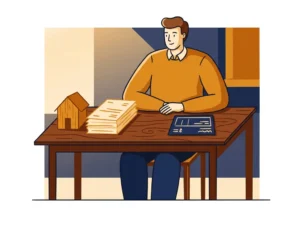 Zelfstandige ondernemer aan houten bureau met financiële documenten, huismodel en loonstrook in amber-marineblauw illustratiestijl.
