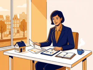 Zelfstandige professional bekijkt financiële documenten aan modern bureau met huismodel, planner en koffie, Amsterdams kanalicht op achtergrond.