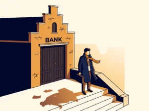 Zelfstandige professional voor gesloten deuren van traditionele Nederlandse bank, aktetas in hand, schaduw van financiële documenten op stenen trap.