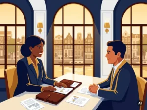 Financieel adviseur en ondernemer in gesprek aan modern bureau met portfolio en documenten, Amsterdams grachtenvenster op de achtergrond.