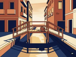 Houten brug over Amsterdamse gracht met aktetas en sleutels op de reling, vectorillustratie in terracotta en marineblauw.