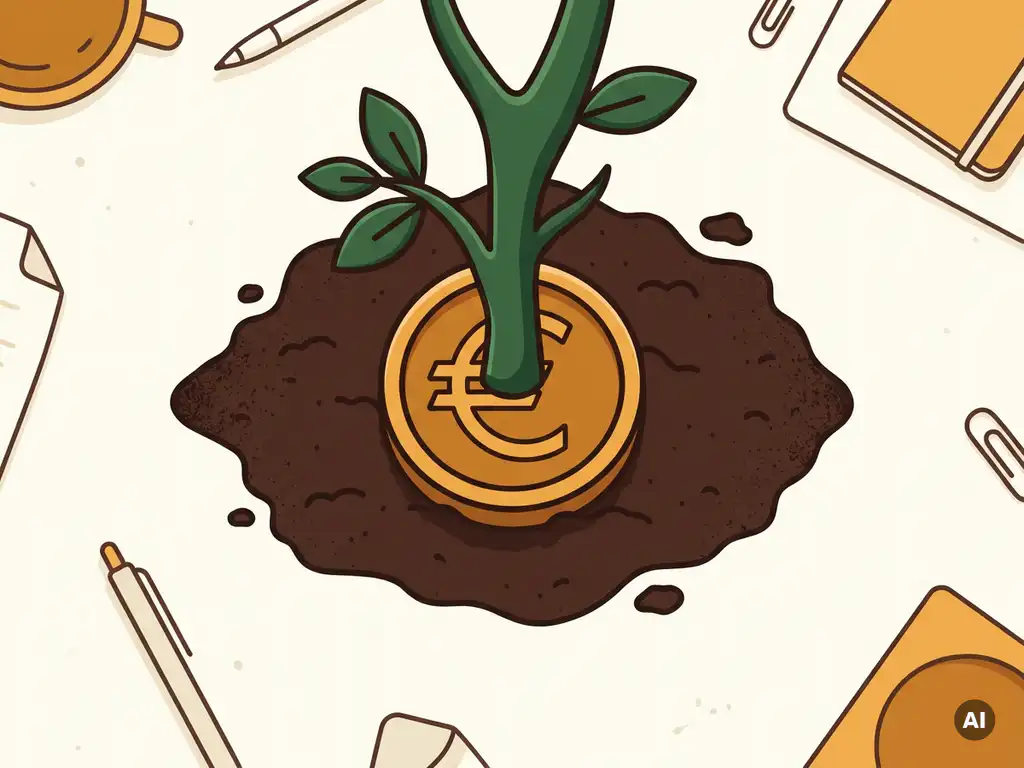 Jonge boom groeit uit een euromunt in donkere aarde, symbool voor kleine investering met groeipotentieel.
