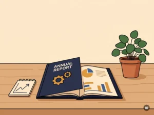 Opengeslagen jaarverslag op houten bureau naast groene plant en notitieblok met stijgende grafiek, warme amber en marineblauw tinten.