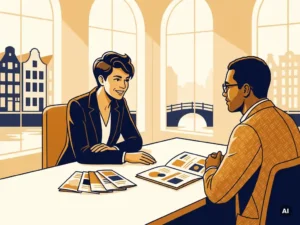 Onafhankelijk adviseur bespreekt financieringsopties met ondernemer aan Amsterdams bureau, met open dossier en brochures van meerdere geldverstrekkers.