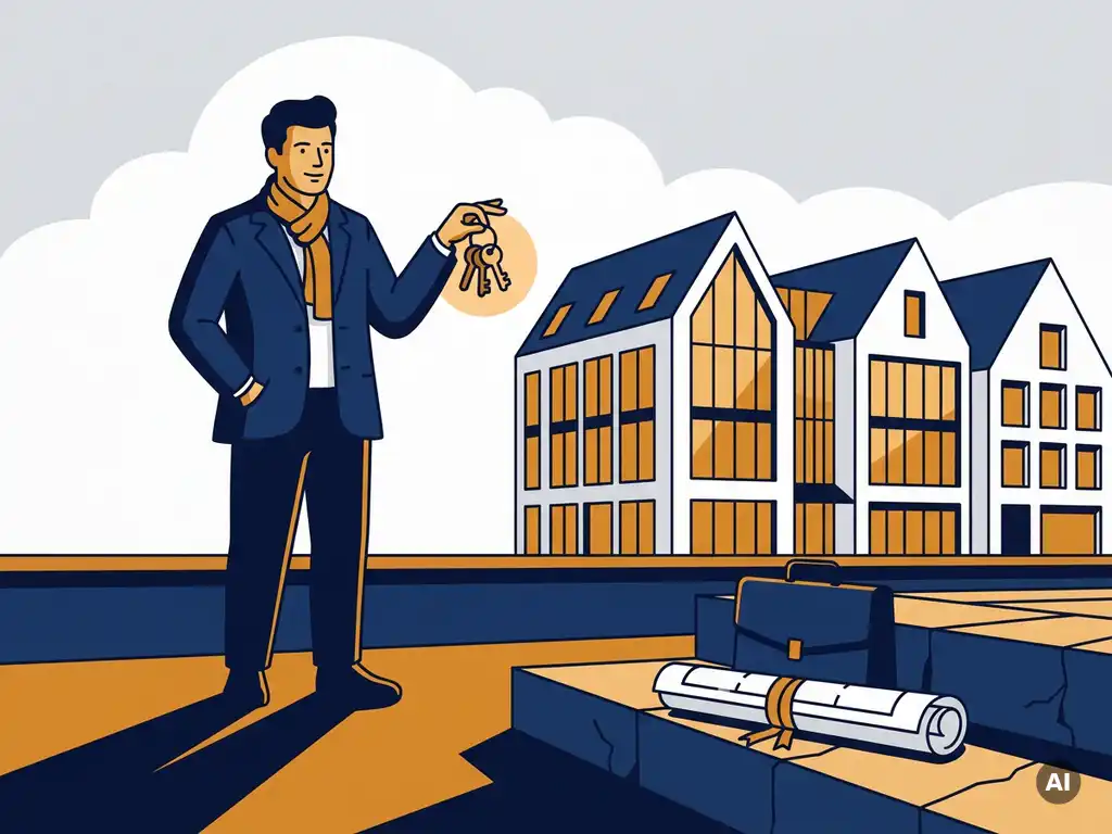 Ondernemer met architectuursleutels voor modern Amsterdams grachtenpand, aktetas en plattegronden op stenen trappen, gouden middaglicht.