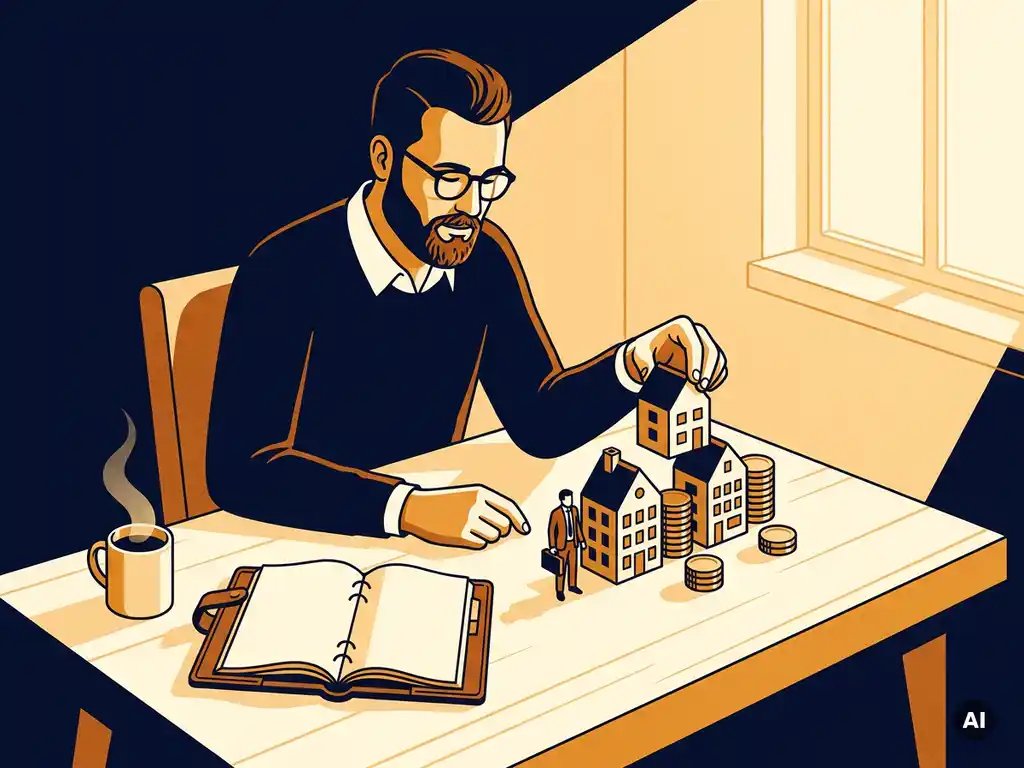 Nederlandse ondernemer rangschikt miniatuurhuisjes, goudstapels en bedrijfsfiguur op houten bureau met open leren notitieboek.
