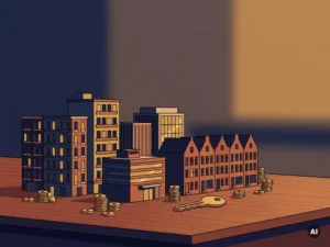 Miniatuur stadsblok met appartementen, kantoren en rijtjeshuizen op eikenhouten bureau, omringd door euromunten en gouden sleutel.