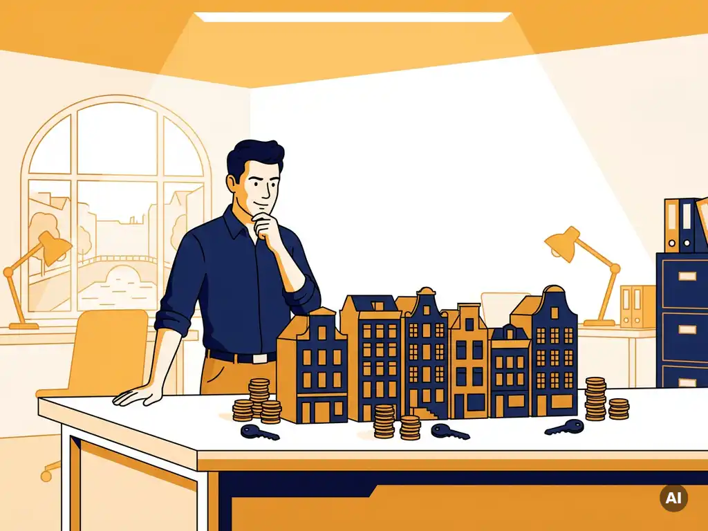 Ondernemer bekijkt miniatuur vastgoedmodellen op wit bureau met muntstapels en sleutels in modern Amsterdam-kantoor.